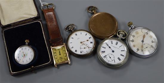 A gentlemans late 1920s Art Deco 9ct gold manual wind wrist watch and five assorted pocket or fob watches.
